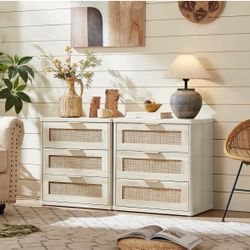Grey White Boho Rattan Nightstand Set of 2 3 Drawers, Bedside Tables