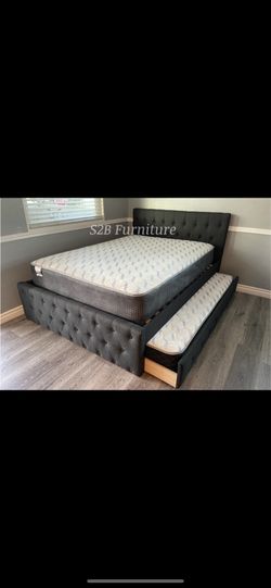 Full Twin Grey Frenchi Trundle Bed With Ortho Mattress Included!