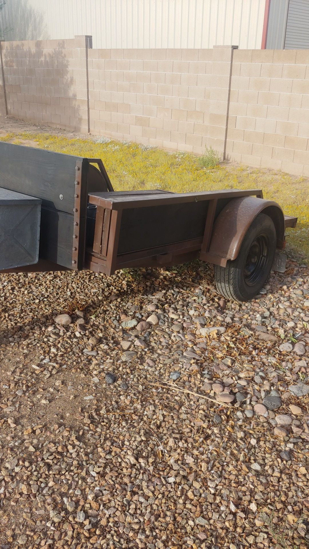 5 X 8 1/2. Trailer good tires new wiring storage box ramp that goes across the whole end. Good for for motorcycle or side by side