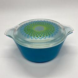 Vintage Pyrex Blue Spirograph 2.5 qt Casserole Dish with Lid 1960s Promo Rare