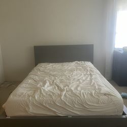 Gray IKEA Malm Bed Frame, Full Mattress, and Bed Slats