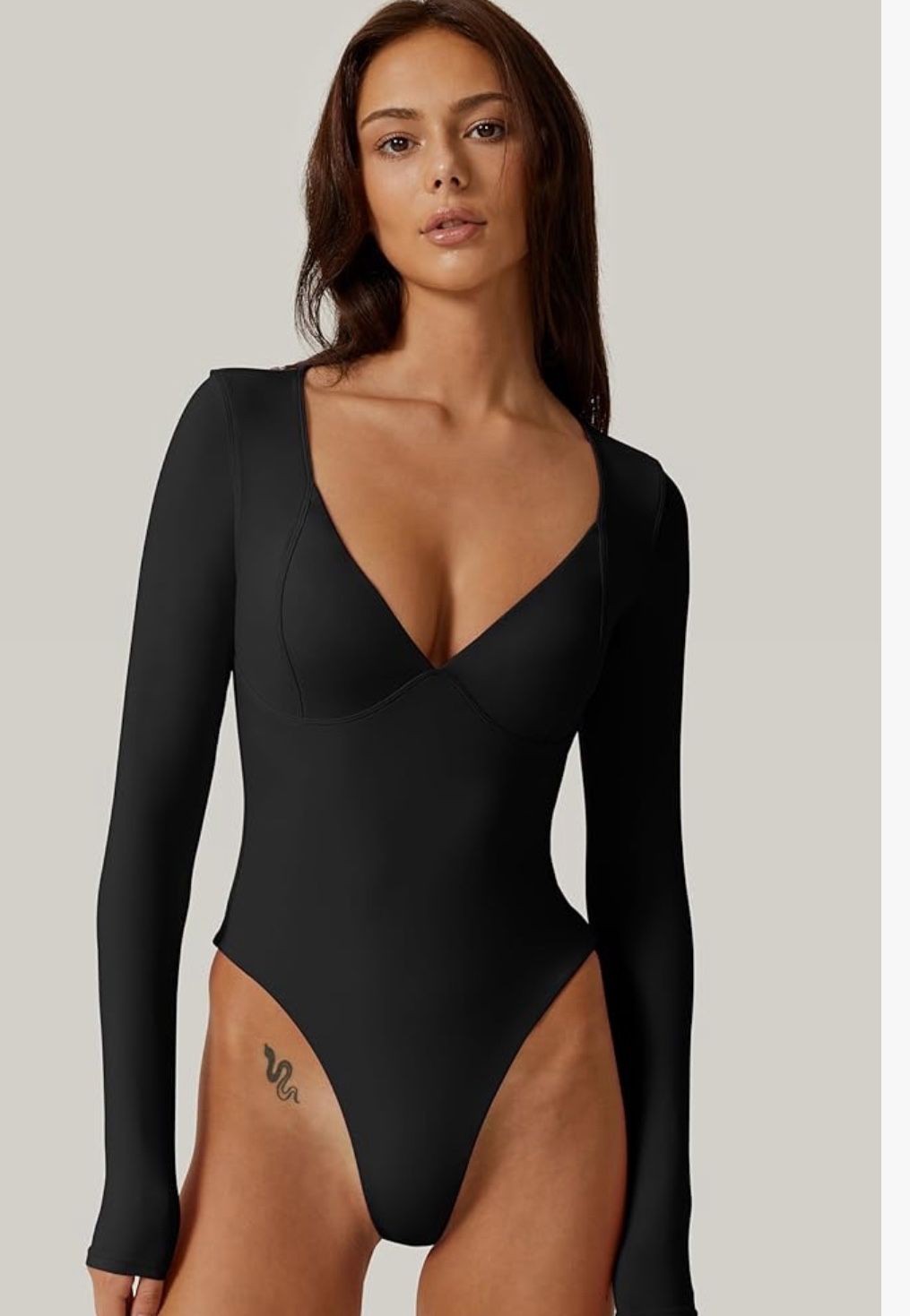 QINSEN Women's Long Sleeve Bodysuit V Neck Body Suits Seamed Cup Going Out Tops Shirt