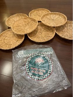 Vintage Bamboo Woven Round Plate Holders - Natural Tan - set of 7