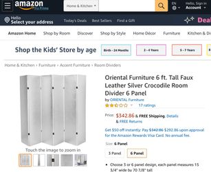 Oriental Furniture 6 ft. Tall Faux Leather Silver Crocodile Room Divider 6 Panel