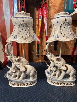 Pair of Porcelain Elephant Figure Lamps