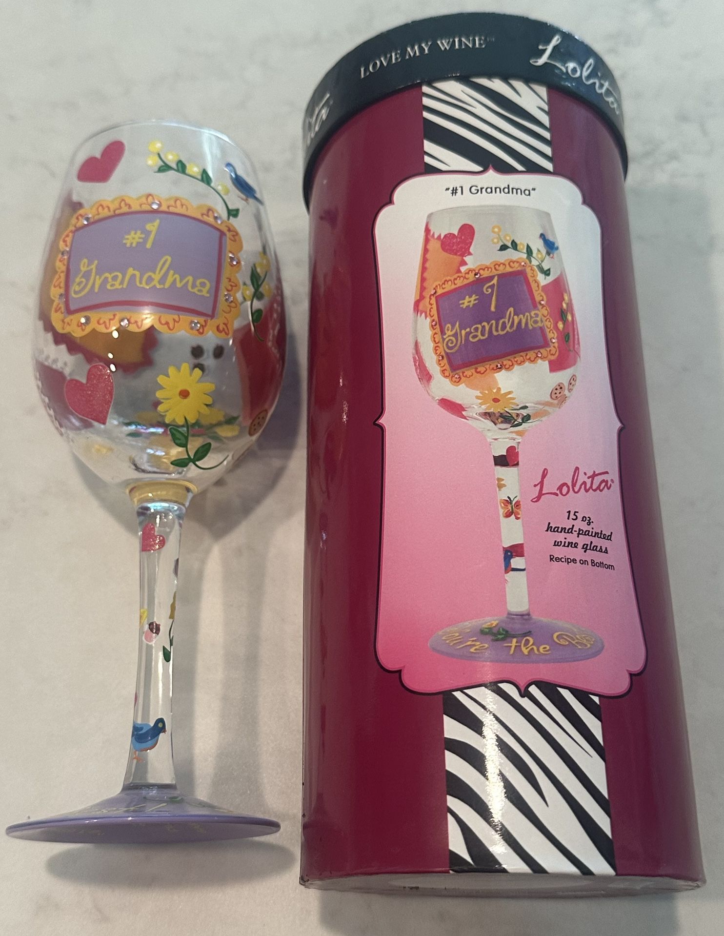 Lolita Love My Wine #1 Grandma Hand Painted w/ Rhinestones 15 oz Wine Glass
