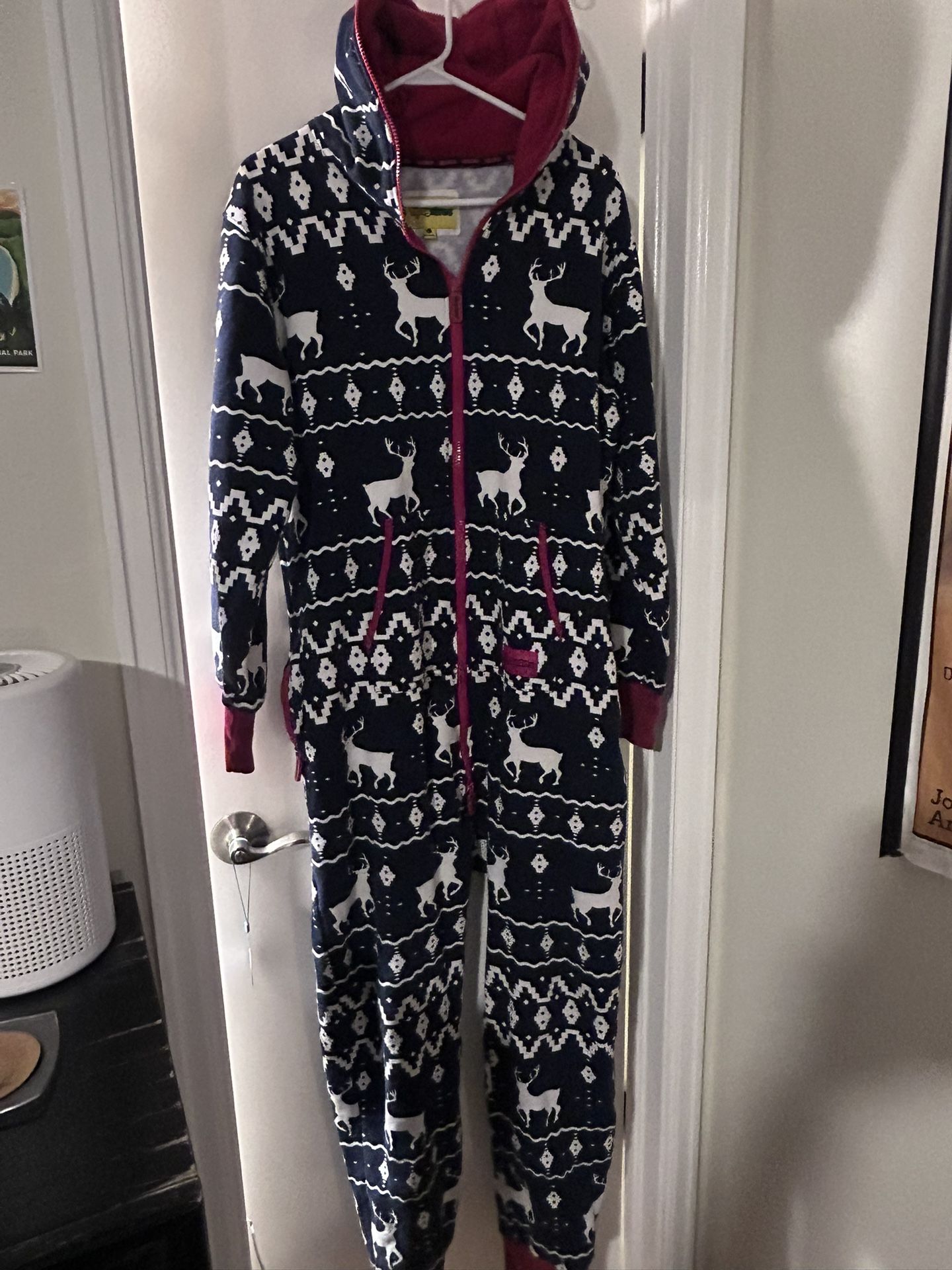 Tipsy Elves Men’s Blue Reindeer Full Zip Up Jumpsuit Large