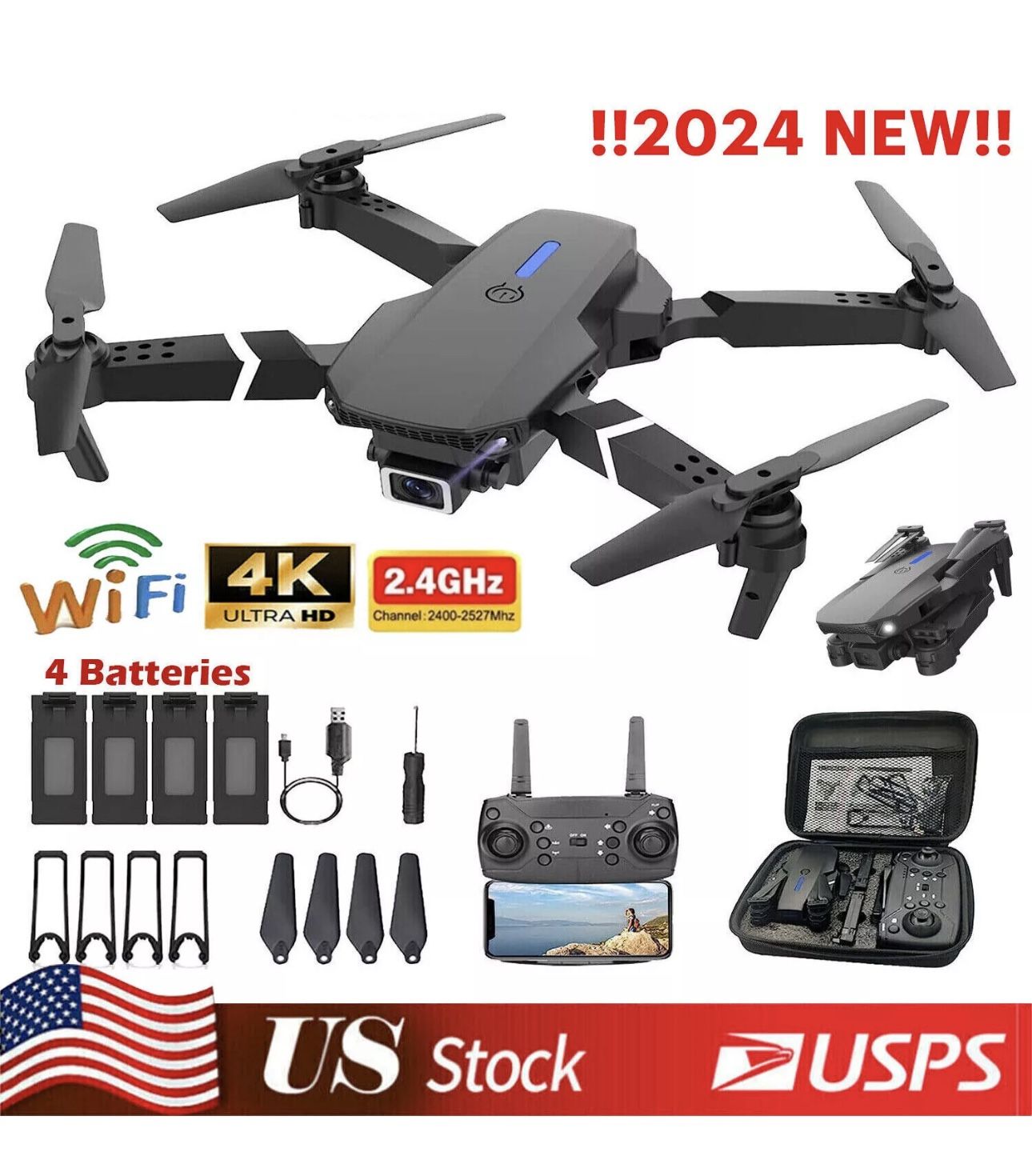 2024 New RC Drone With 4K HD Dual Camera WiFi FPV Foldable Quadcopter +4 Battery