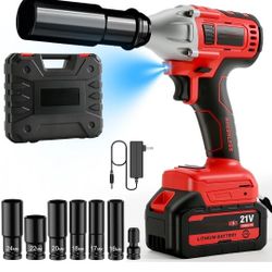 Cordless Impact  gun Wrench,  1/2 inch Impact Gun, Max Torque 320 Ft-lbs（430N) 21V.  with 3.0Ah Li-ion Battery & 7 Sockets,Red