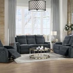 Brand New Slate Blue Motion Sofa and Love Seat Set