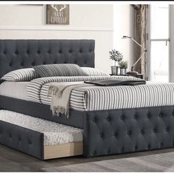 New In Box FULL BED W/TRUNDLE  CHARCOAL BURLAP  And 2 Mattresses.