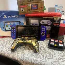 Ps vita,snes classic, and Nintendo switch with games and Mario game and watch.
