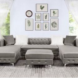 Brand New Grey Velvet U Shape Sectional Glam Tufted With Ottoman