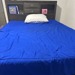 Queen Storage Bed with Attached Dresser Drawers & Shelves. Mattress & Box Spring Included