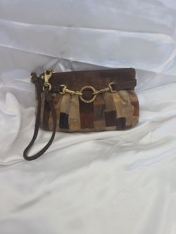 Coach Y2K Hamtons Patchwork Brown Tan Suede Wristlet Brass Clips
