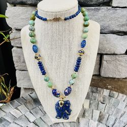 Turquoise And Lapis Lazuli Elephant Pendant Necklace 