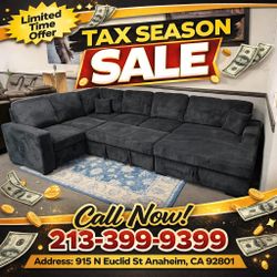 Black Corduroy Sectional Sleeper Sofa With Pull Out Bed  And USB Charger