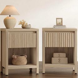 Fluted Night Stand Set of 2, Farmhouse Nightstands with Drawer, Boho Bedside Table with Storage Shelf, Large End Tables Bed Side Tables for Bedroom, L