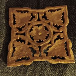Five Hand Carved Trivets, plus a hand carved Key. Made In India. 