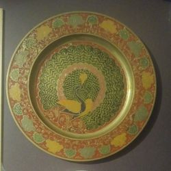 Brass India Red Blue Handcrafted Peacock Inlay Engraved Hanging Plate Tray Vintage Collectible