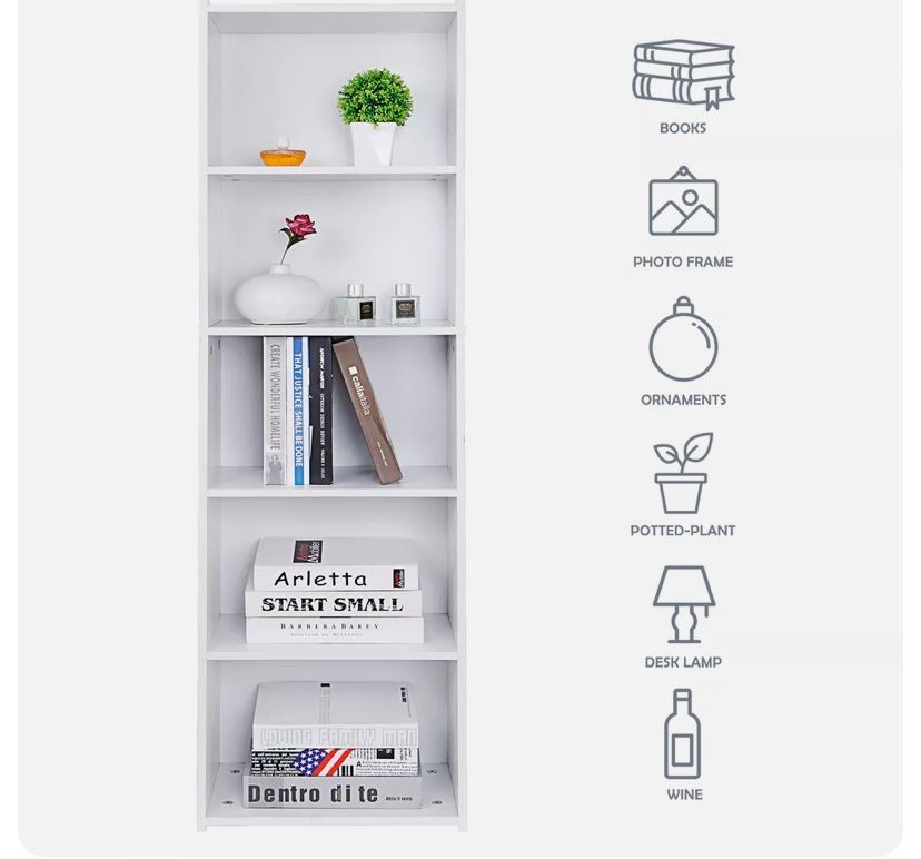 5-Tier Bookcase Storage Organizer Wall Shelf Bookshelf for Home Office White