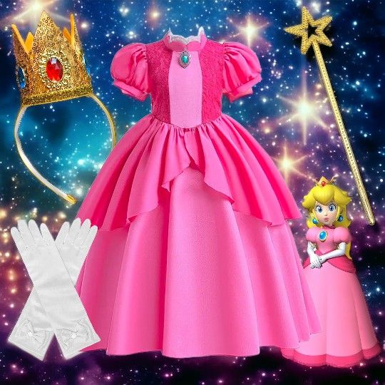 5T 5-6 Girls Princess Peach Dress Halloween Costume + Gloves + Crown Set