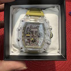 (C) 🔥 Activa X Invicta Men's Watch with a skeleton dial, 44.3mm transparent case, and an olive green band