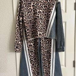 Womens 2 Piece Jean And Leopard Pant Set