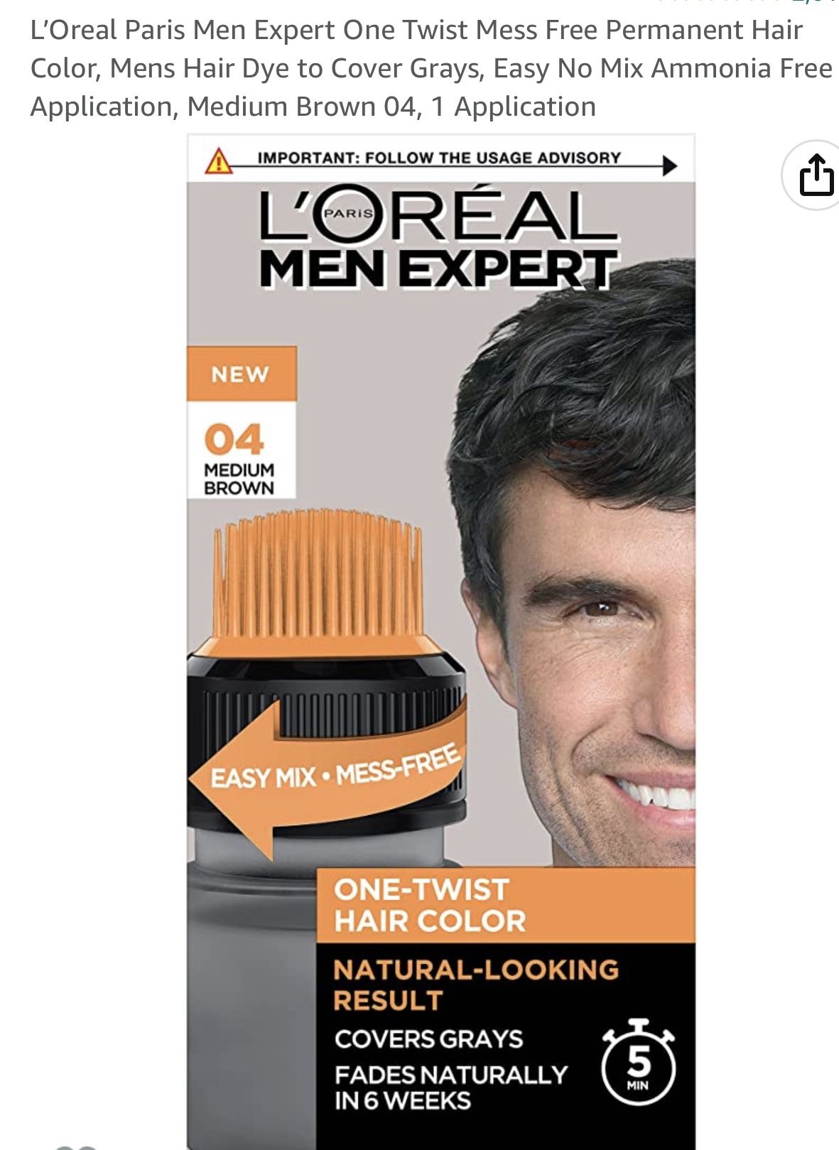 L'Oreal Paris Men Expert One Twist Mess Free Permanent Hair Color, Mens Hair Dye to Cover Grays, Easy No Mix Ammonia Free Application, Dark Brown 03, 