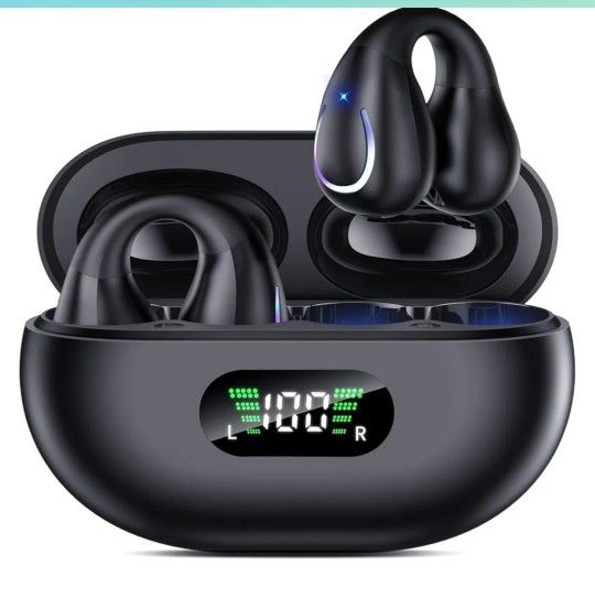 Open Ear Clip Wireless Earbuds Bluetooth 5.3, Sports Earphones Built-in Microphone with Earhooks & Ear Hook