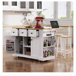 Merax 53" Kitchen Cart Island on Wheels with Power Outlet,Drop Leaf,3 Drawers and 5 Open Side Racks,Wood Storage Cabinet