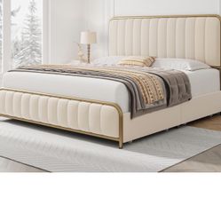 Upholstered Full Size Bed Frame with 4 Storage Drawers and Headboard 
