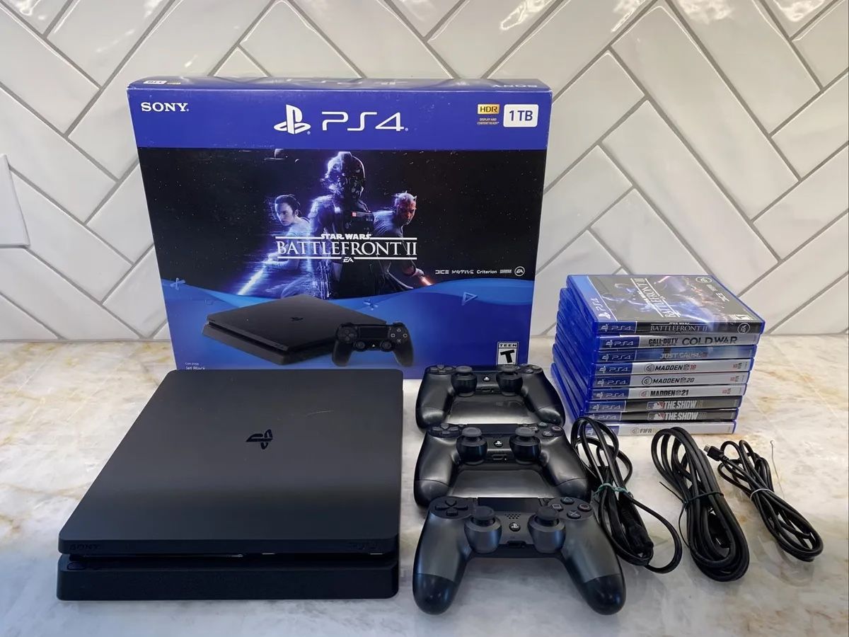 *Like-new condition* PS4 Slim 1TB Full Memory Storage w/ 3 Controllers + Games & All Wiring