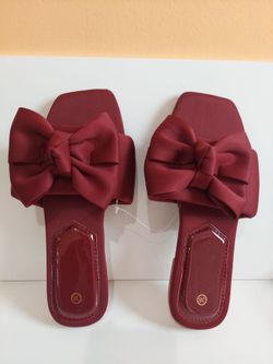 Burgundy Bow Flat Slide Sandals Size 38