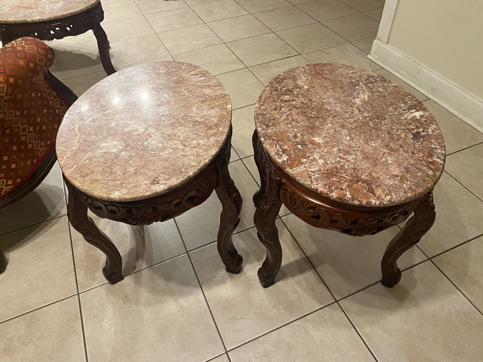 Set of 2 Real Marble Stone & Cherry Wood End Tables with the Coffee Table