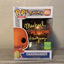 Funko Pop Pokemon 455 Charmander autograph By Michael Haigney at the 2022 anime con in Pasadena