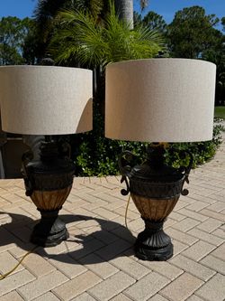 Pair of Urn Table Lamps with Drum Shades