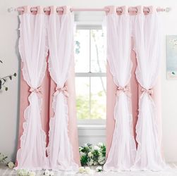 PONY DANCE Pink Curtains For Nursery, Double Layer Bow Curtains With Ruffle Sheer Overlay For Girls Bedroom,Cute Shabby Chic Room Darkening Drapes In 