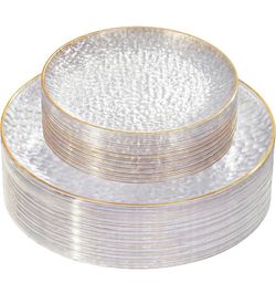 60Pcs Clear Plastic Plates,Clear Disposable Plates With Gold Rim,Heavy-duty Gold Plates,Hammered Party Plates Include 30Clear Dessert-Platos,30Dinner-