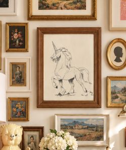 Vintage Framed Original Unicorn Ink Drawing Sketch Art, Signed N.H. Wall Hanging Artwork Collectible Mid Century Era
