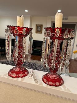 Ruby Red Pressed Candlelabras Set
