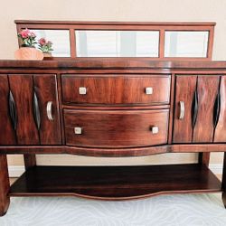 Dark Cherry Mahogany Brown Buffet Sideboard Console Entryway Table with Mirror Top Drawers Cabinets Shelves