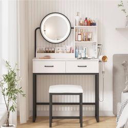 1481b Makeup Vanity with Round Mirror and Lights, White Vanity Makeup Table with Charging Station, Small Vanity Table for Bedroom, 3 Lighting Modes, 3