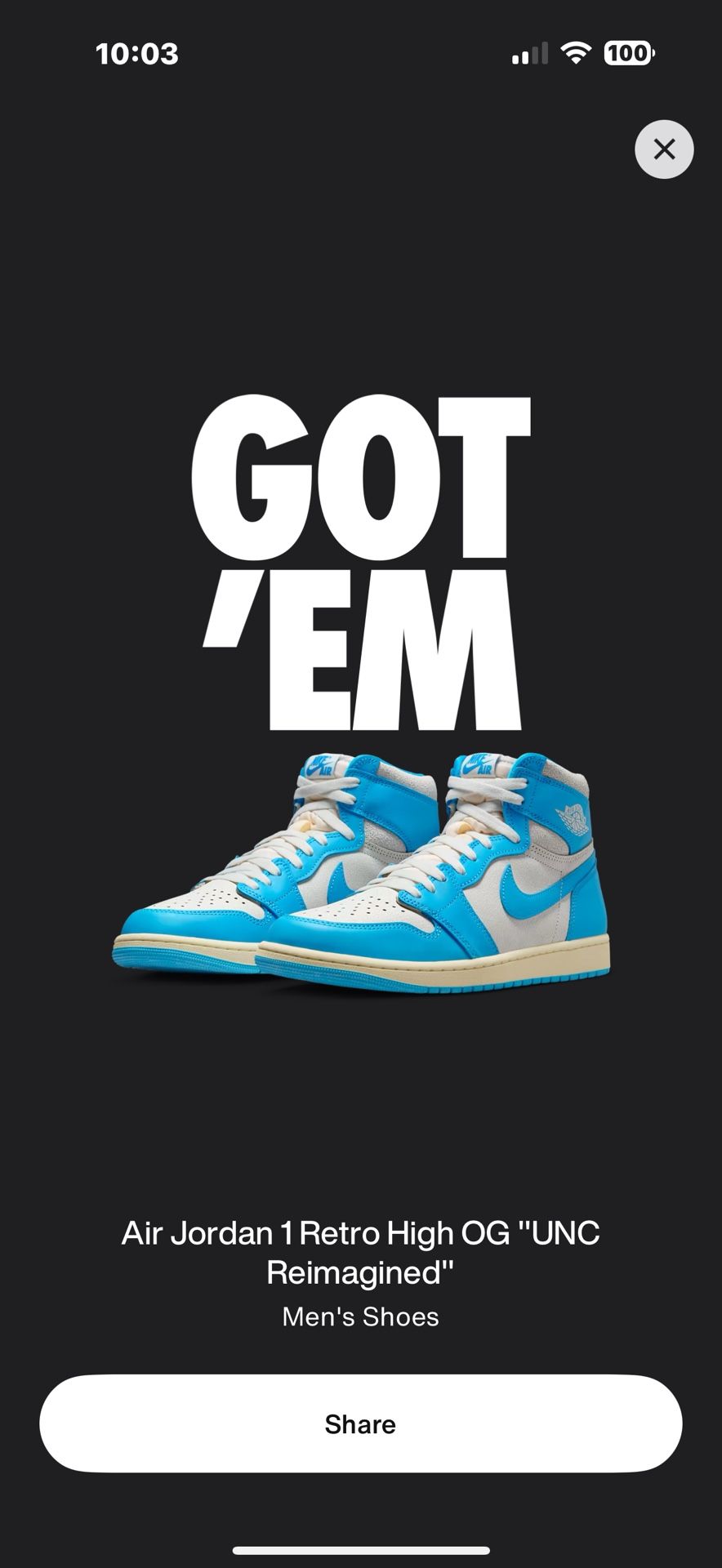 Jordan 1 UNC Size 10 $180
