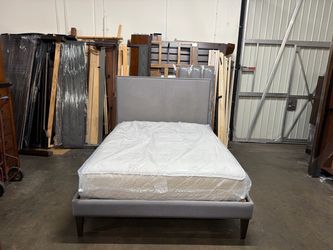 Gray Upholstered Bed Frame with Nailhead Trim