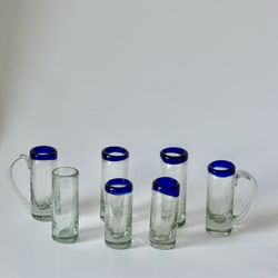 Hand Blown Mexican Tequila Shot Glasses - Set Of 7. (6x Cobalt Blue Rim, 1x Clear) - 2oz Each