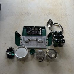 Coleman 2-Burner Propane Camping Stove Lot w/ Cookware, Utensils & Tanks