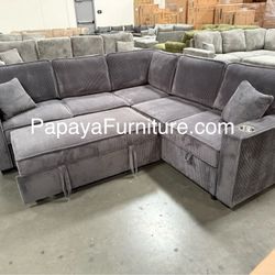 New! Dark Grey Sectional Sofa Bed With Pull-out Sleeper Bed, Sofabed, Sectional Sofa Bed, Sectional With USB PORT And Cupholders, Sofa,Sectional Couch