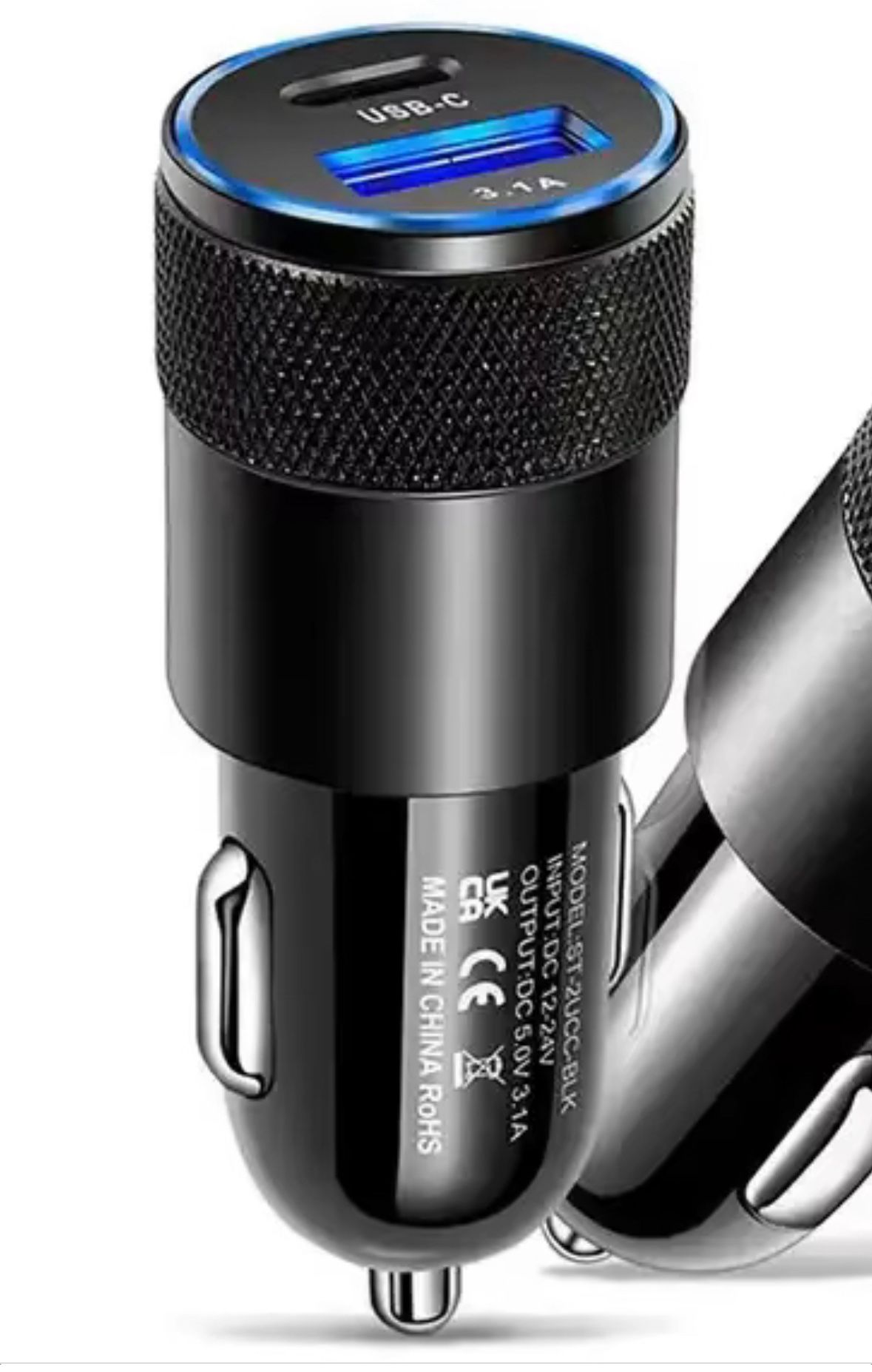 Compact universal car charger with dual USB and Power Delivery ports, offering fast charging and safety protections.