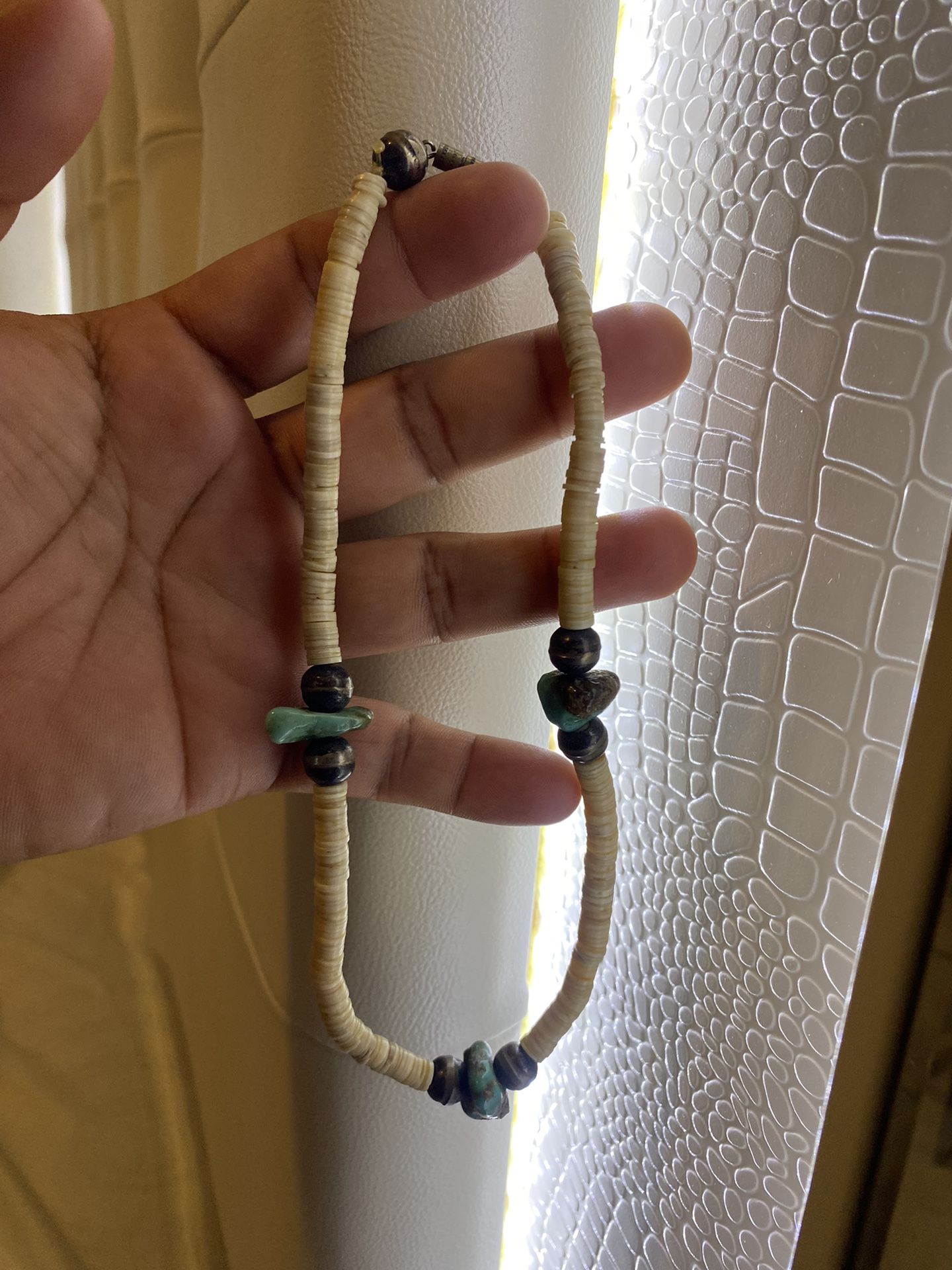 Vintage Turquoise Nuggets Navajo Pearls Sterling Silver Shells Necklace